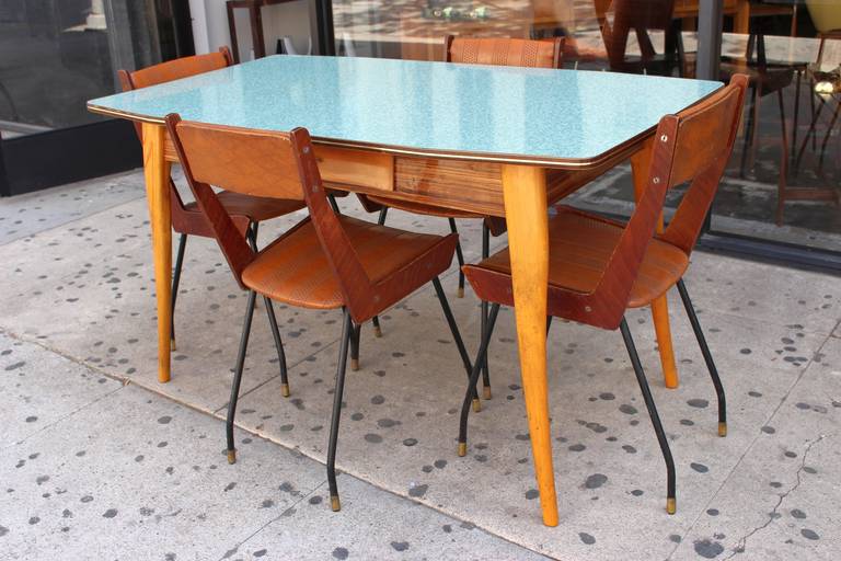 Italian dining set, 1950s, sign.
Chairs dimension:
 H 33.
 W 16.5.
 D 20.