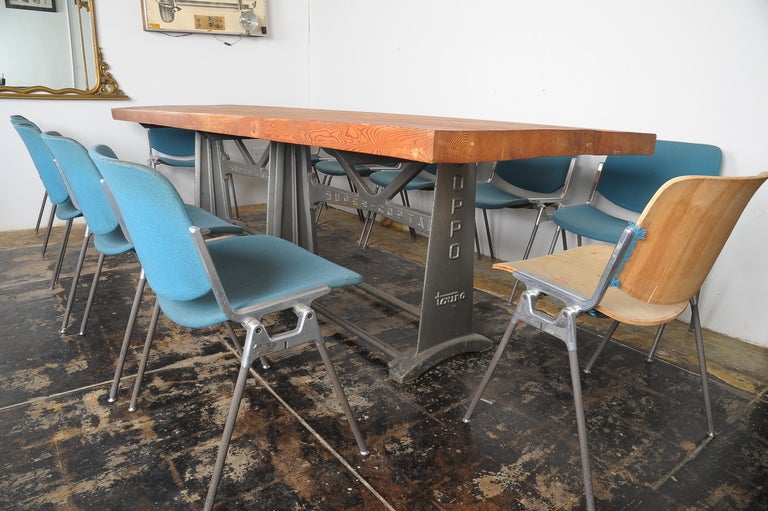 Italian Industrial Table by Gimo Fero with 12 Giancarlo Piretti Chairs In Good Condition In Los Angeles, CA