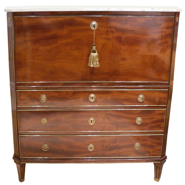 Swedish Gustavian Brass-Mounted Mahogany and Marble-Top Secretaire For Sale