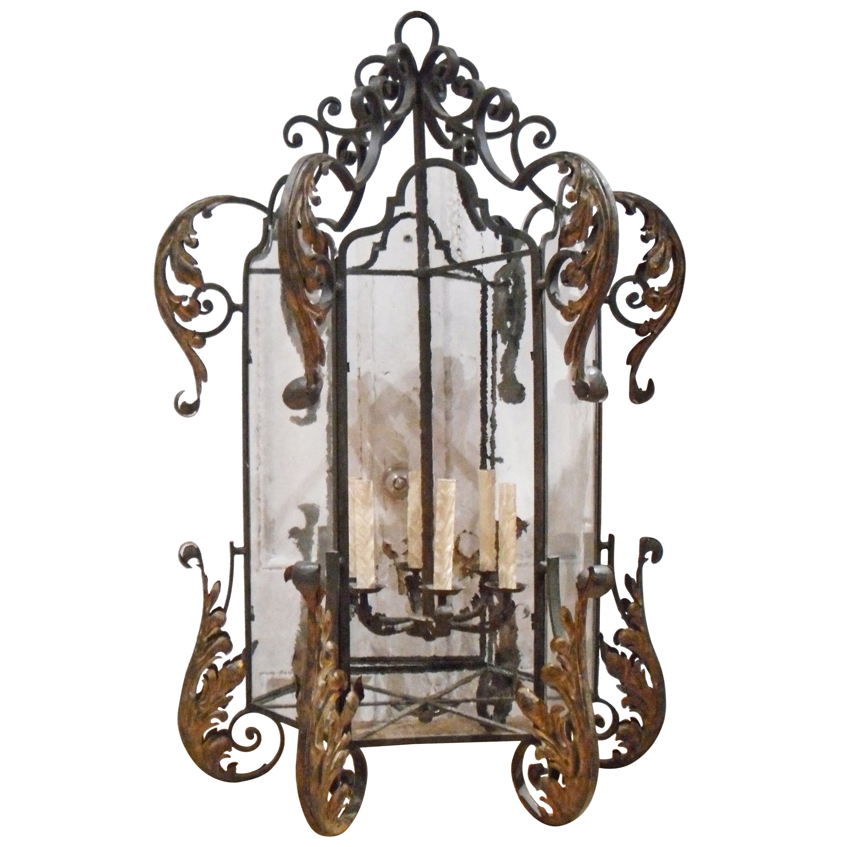Wrought Iron and Parcel-Gilt Large Hall Lantern For Sale