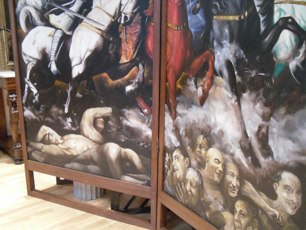An Oil on Canvas Triptych now Mounted as a Three-Panel Floor Screen. 
By Artist Enrique Senis Oliver. Dated 1964.