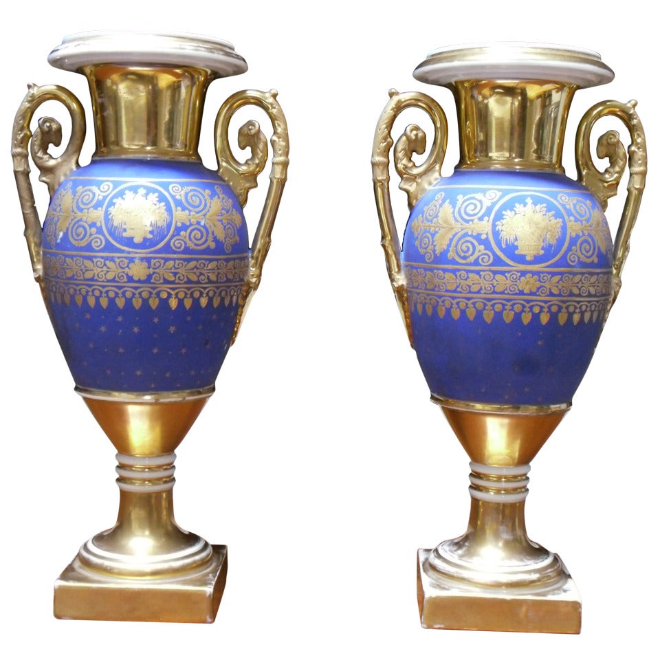Pair of Paris Porcelain Gold and Matte-Blue Ground Vases For Sale
