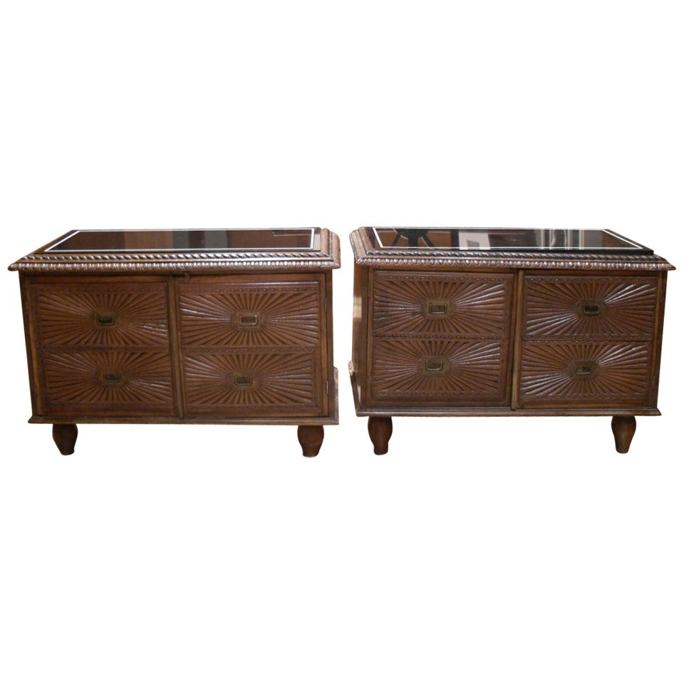 A pair of Colonial carved hardwood cabinets with marble tops For Sale