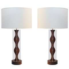 Pair of Sculptural Walnut and Lucite Table Lamps