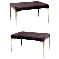 Pair of Brass and Velvet Benches in the Manner of Gio Ponti