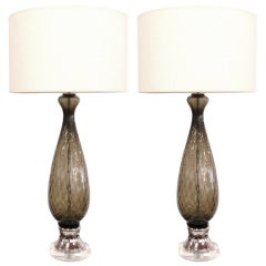 Pair of Italian Grey Glass and Chrome Table Lamps 9