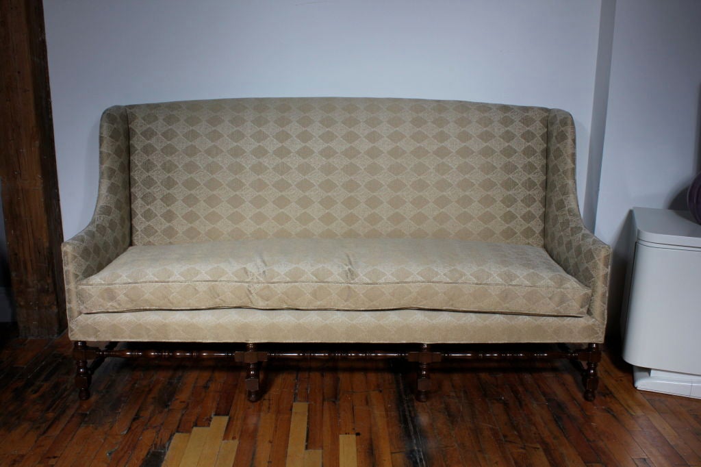 Mid Century Barley Twist sofa/settee/banquette newly diamond chenille upholstery in off white with a down filled seat cushion.