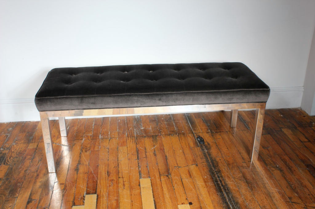 Mid Century aluminum bench in grey velvet with seam and button details