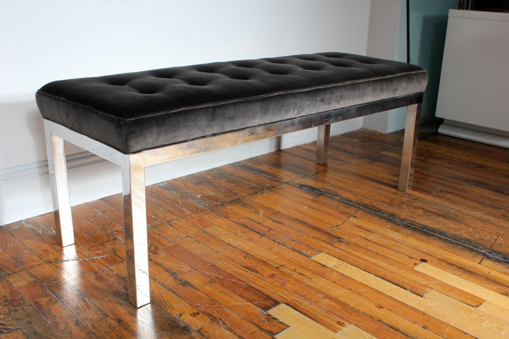 American Polished Aluminum and Washed Velvet Bench