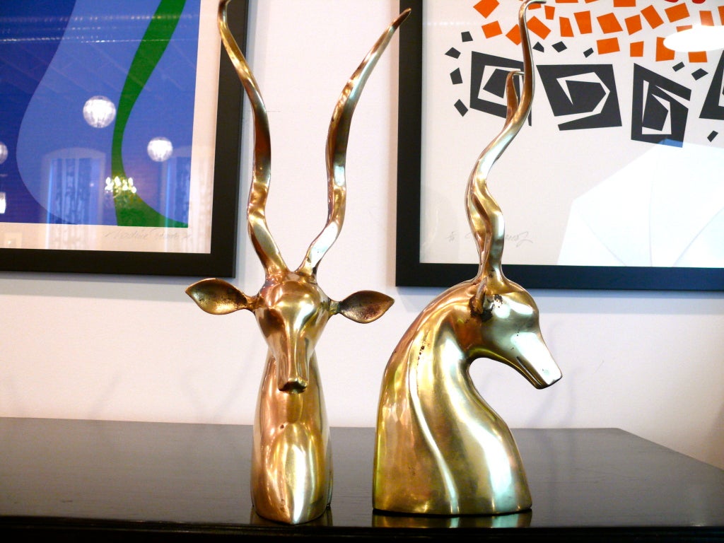 Gorgeous pair of brass antelope bookends with long, curved horns.  Newly polished and ready to dress a holiday room