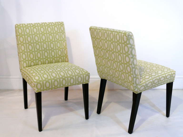 Classic Widdicomb side chairs, model #4082, with deep espresso legs and new Celtic knot upholstery. 