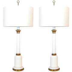 Vintage Pair of Brass and White Opaline Glass Lamps by Warren Kessler