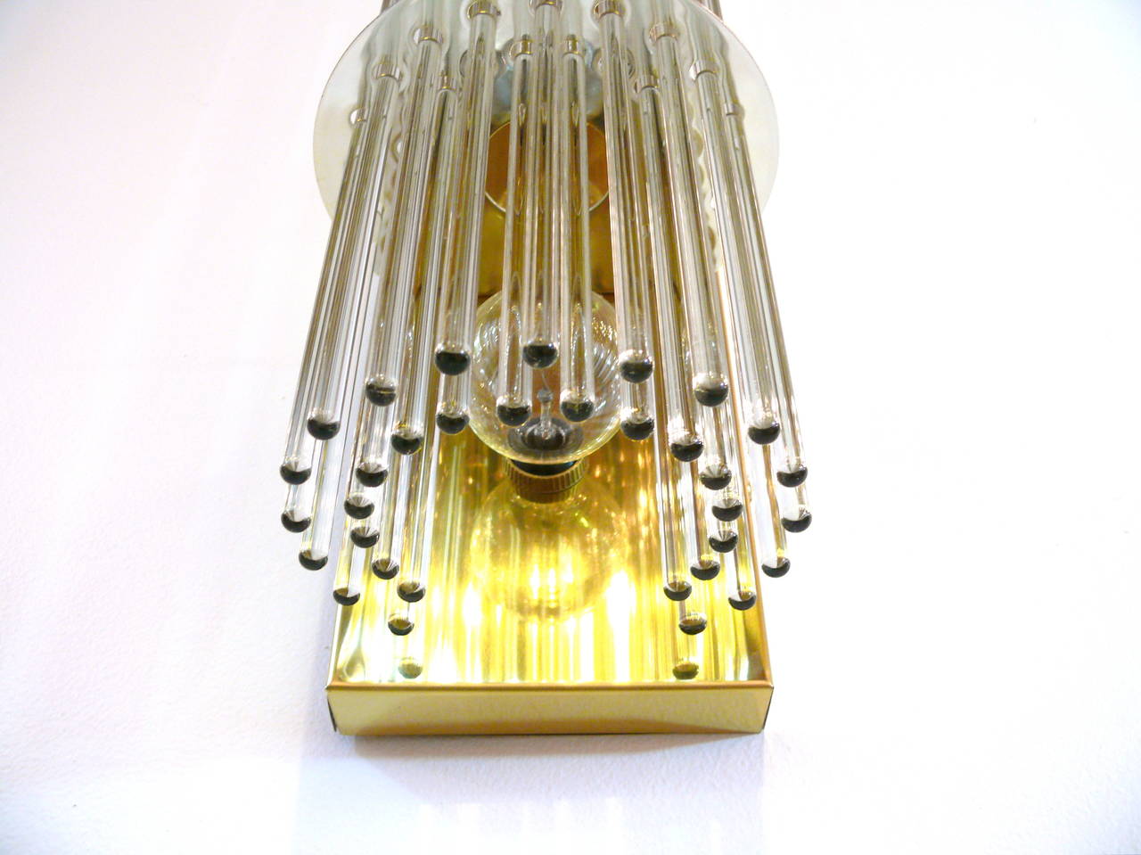 20th Century Pair of Tall Brass and Glass Rod Sconces