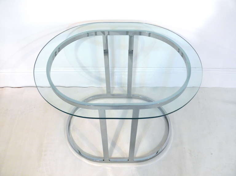 20th Century Oval Flat Bar Chrome and Glass Side Table