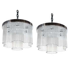Pair of 1970's Scolari Chrome and Glass Rod Chandeliers