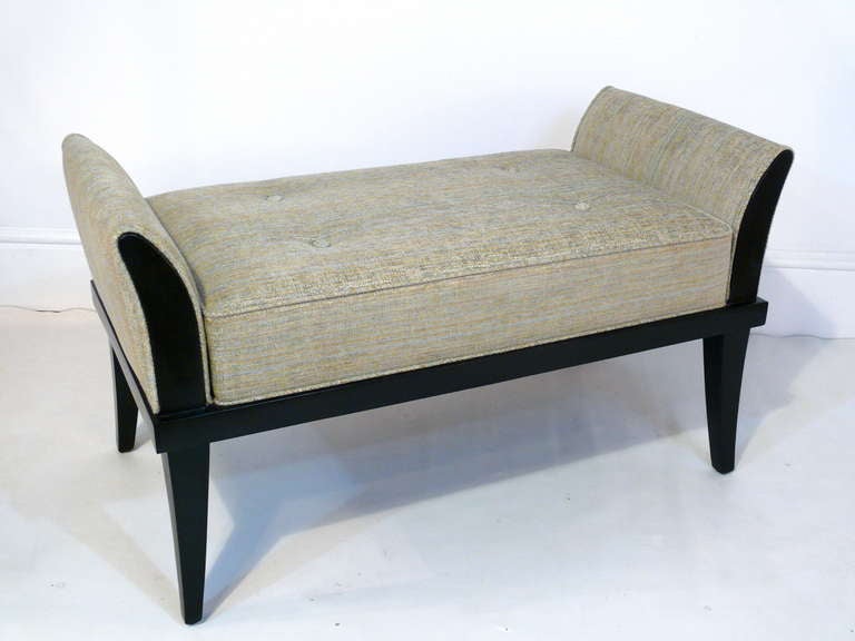 Pair of midcentury upholstered flared armed benches newly recovered in a striated chenille. Each seat has four accent buttons. Refinished in a deep espresso stain.