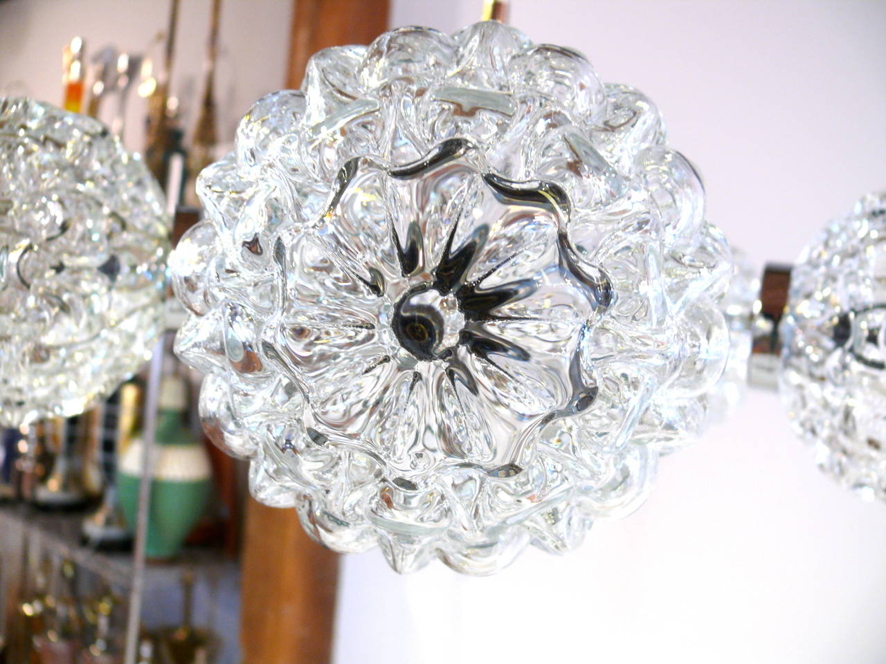 Five-Globe Glass and Chrome Sputnik Chandelier in the Style of Kalmar 1