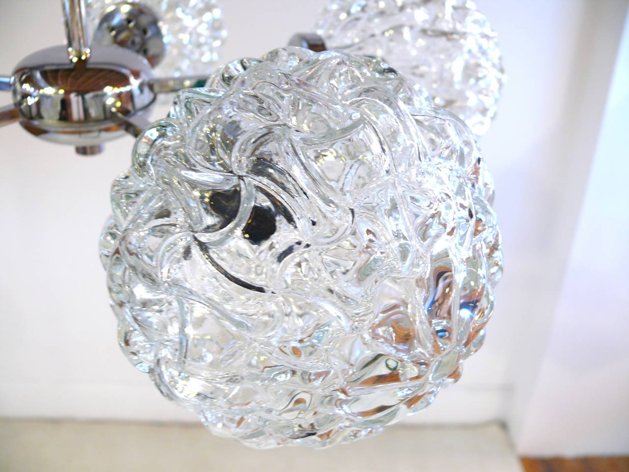 Metal Five-Globe Glass and Chrome Sputnik Chandelier in the Style of Kalmar