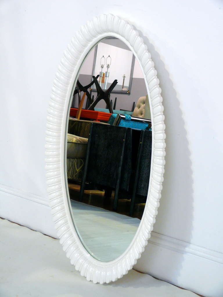 Mid-Century Modern Pair of White Lacquered Shell Mirrors