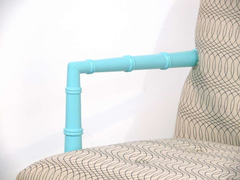 Vintage midcentury faux bamboo chair newly finished in Tiffany blue complemented with new grey/cream swirl upholstery.
