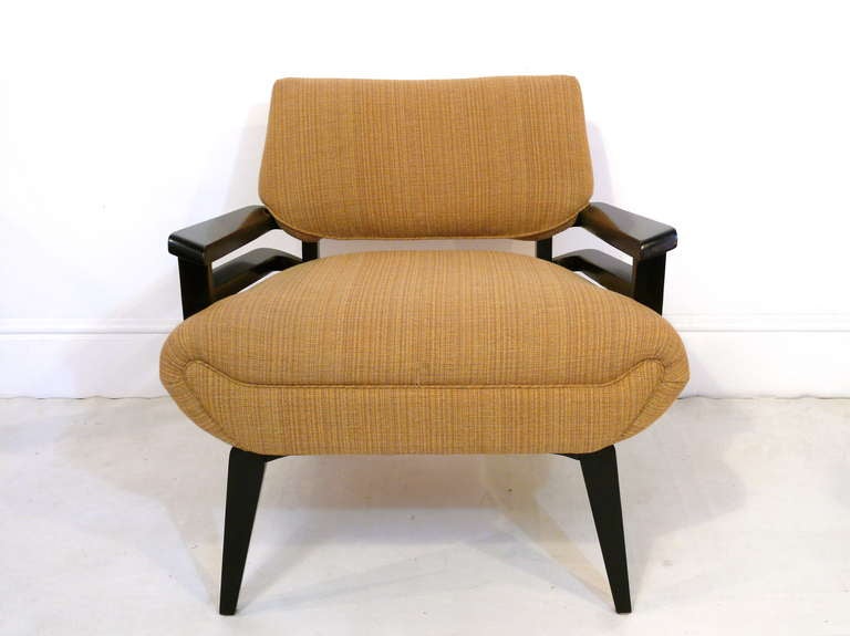 Pair of armchairs in the style of Paul Frankl.  Newly finished in a deep espresso and upholstered in a striated chenille.

