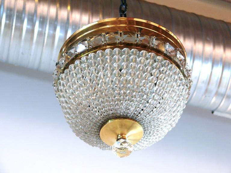 Mid-Century Modern Crystal Beaded and Brass Dome Chandelier