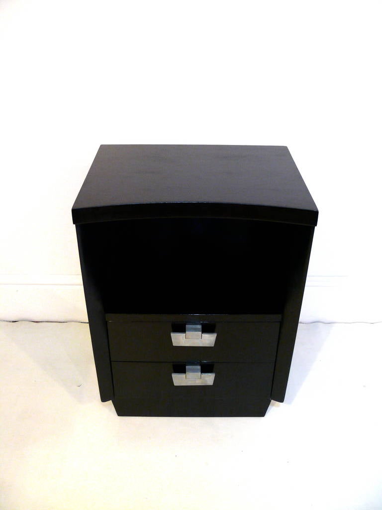 American Midcentury Curved Front Ebonized, Two-Drawer End Table