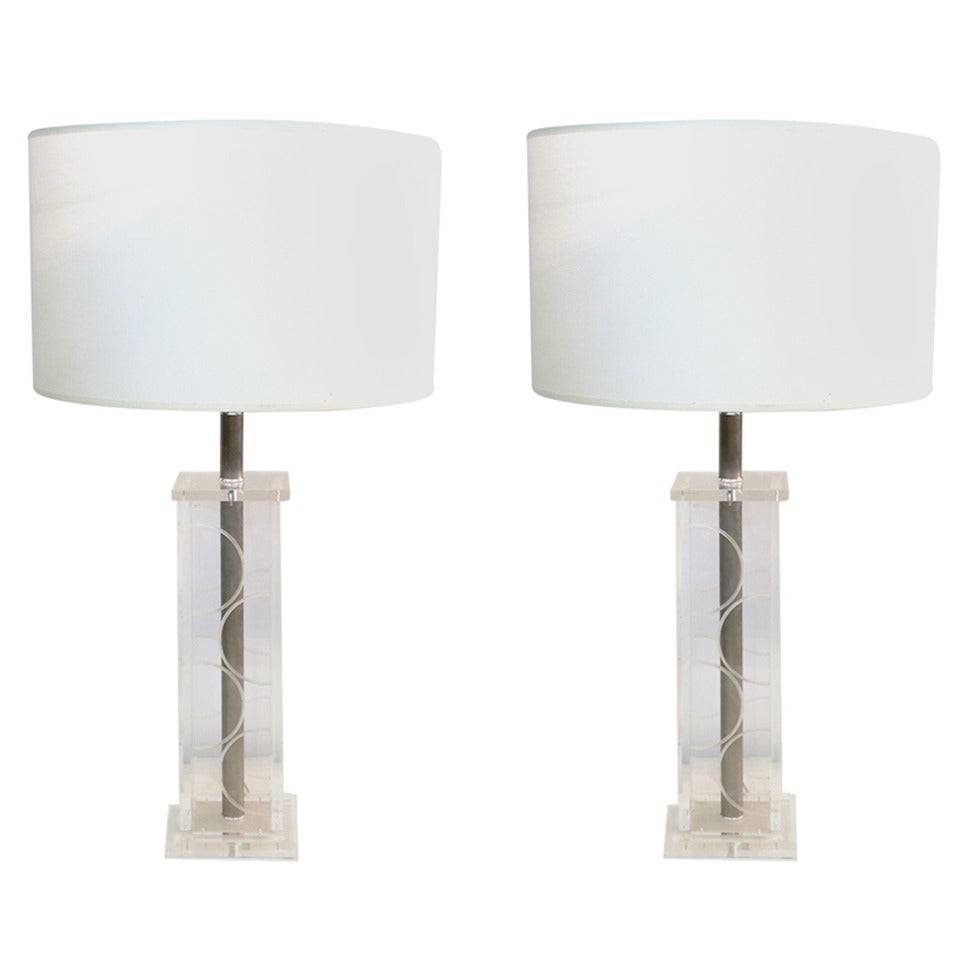 Pair of Incised Lucite Lamps