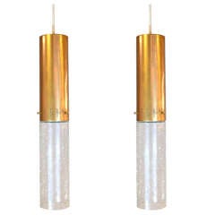 Pair of Crackle Glass and Brass Pendants