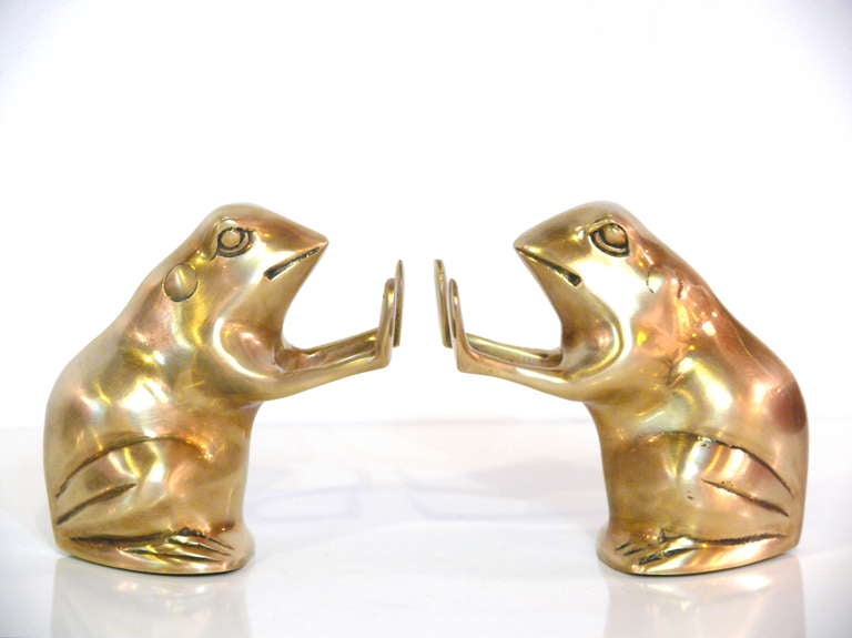 Mid-Century Modern Pair of Brass Toad Bookends