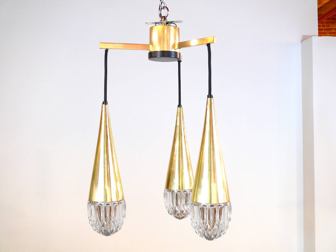 Ice Glass Three-Light Hanging Fixture by Kaiser In Excellent Condition In New York, NY