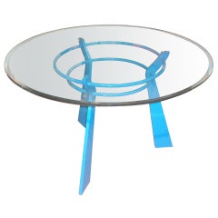 French Blue Solid Steel Round Table With Thick Glass Top