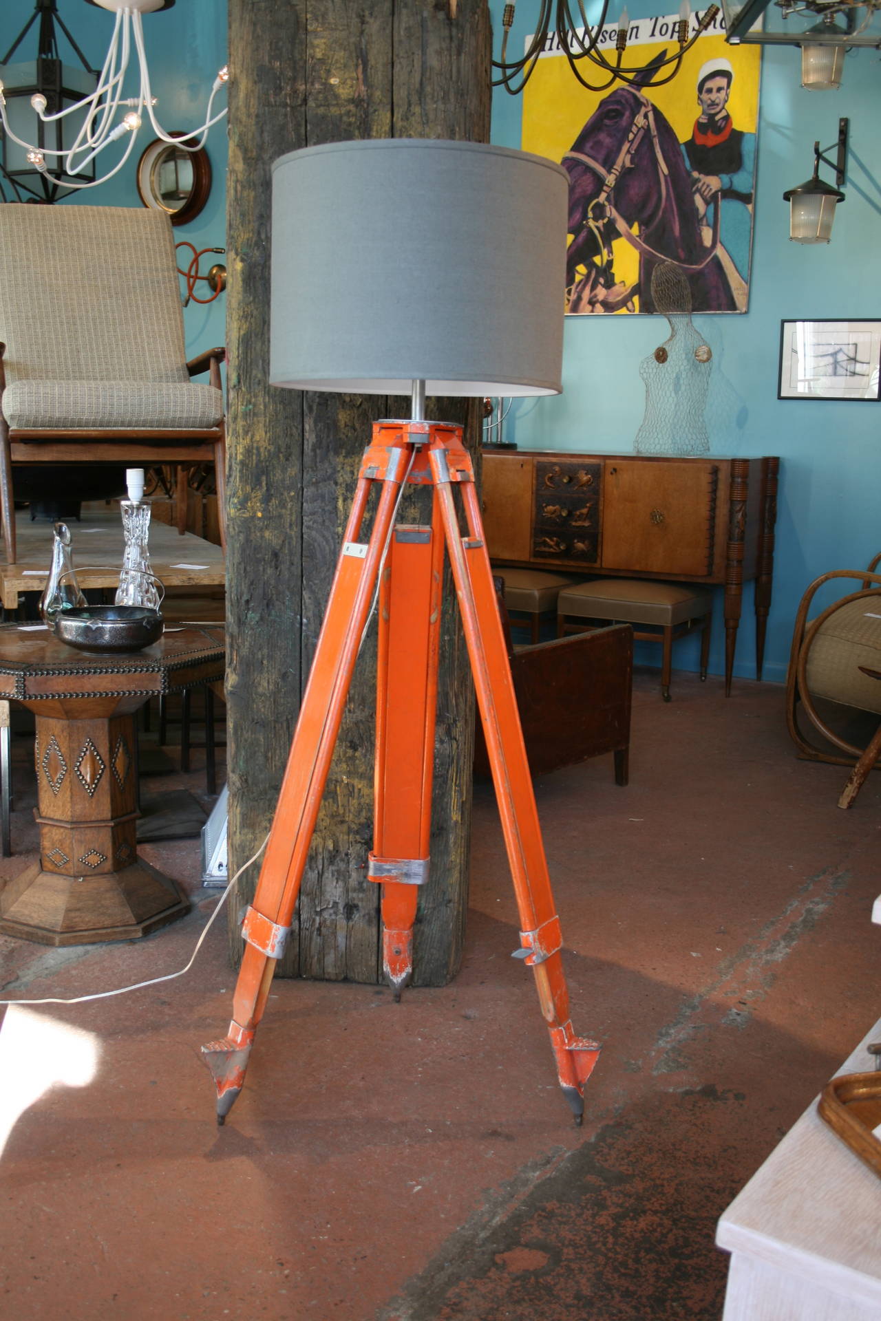 Industrial Pair of Wood and Aluminum Chicago Surveyor Tripod Floor Lamps