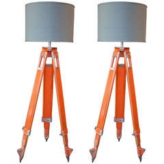 Used Pair of Wood and Aluminum Chicago Surveyor Tripod Floor Lamps