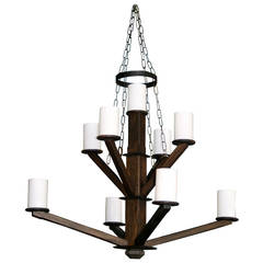 Large Wood Chandelier Milk Glass Shades 11