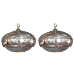 Pair Of French Large Polished Aluminum Lights, Original Perspex Shades