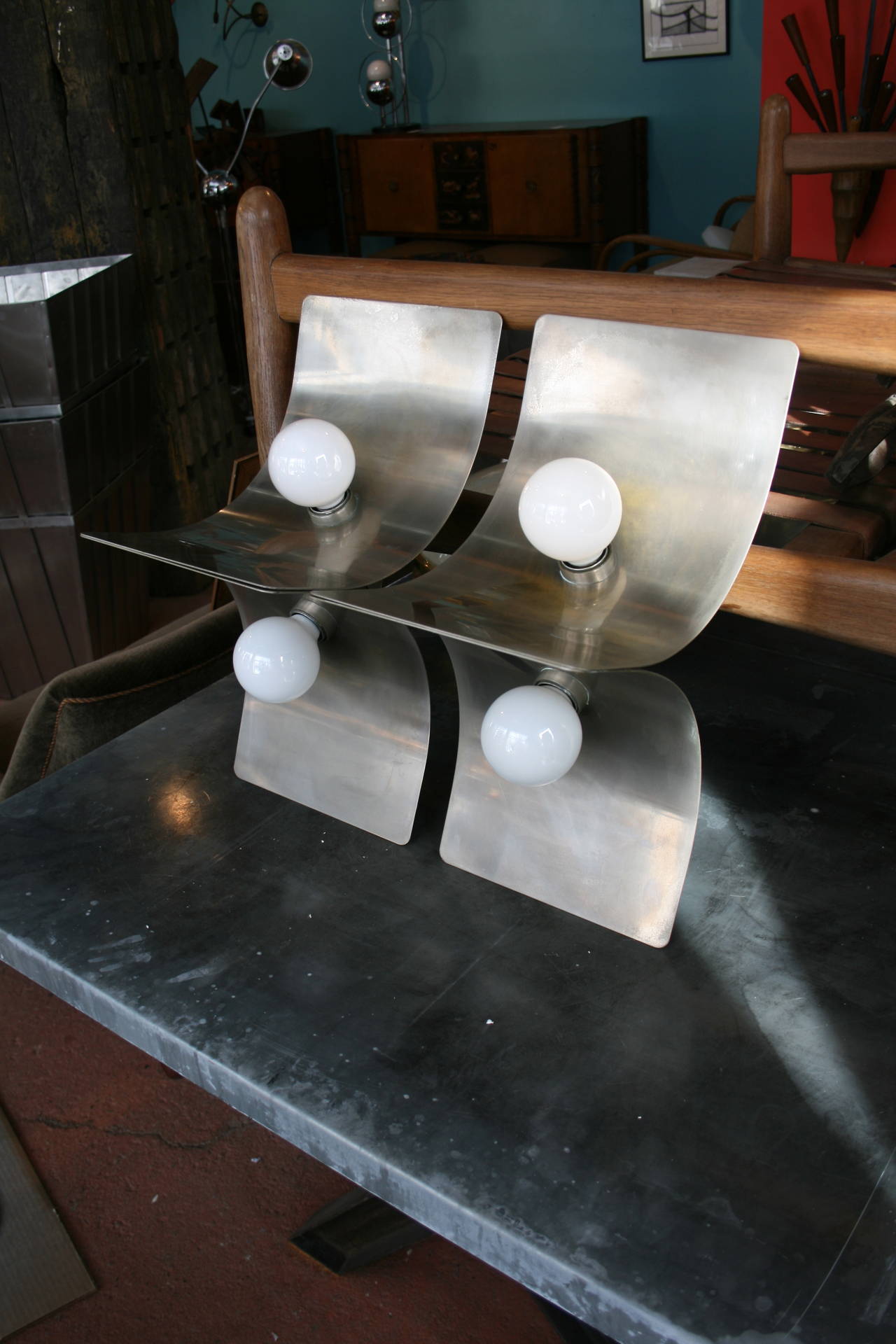 Mid-Century Modern Pair of Large Folded Steel Wall Lights in the Style of Monnet