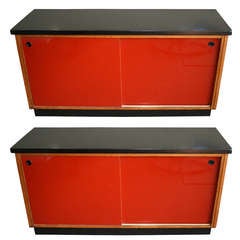 Pair of Leather Top Credenzas with Red Laminate Doors