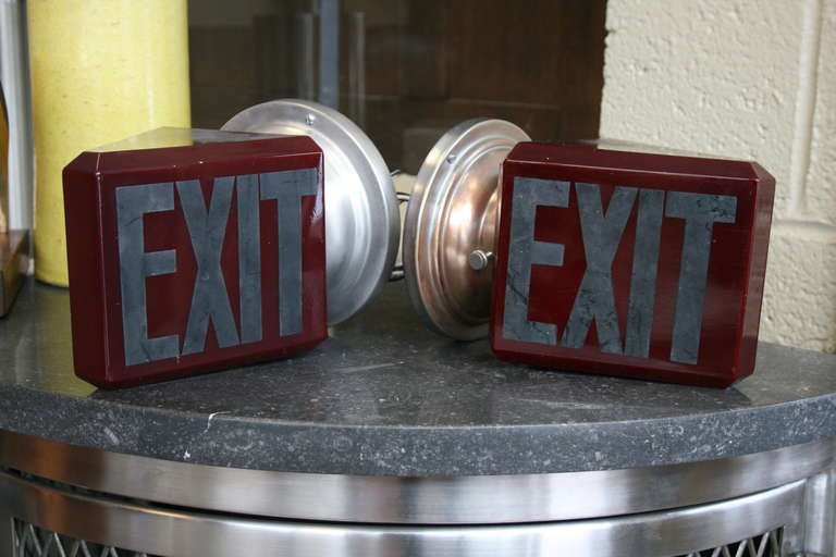 Mid-Century Modern Art Deco Ruby Glass Double-Sided Exit Sign Sconces