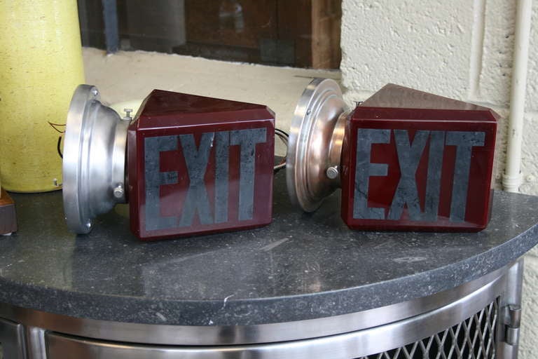 Art Deco Ruby Glass Double-Sided Exit Sign Sconces at 1stdibs