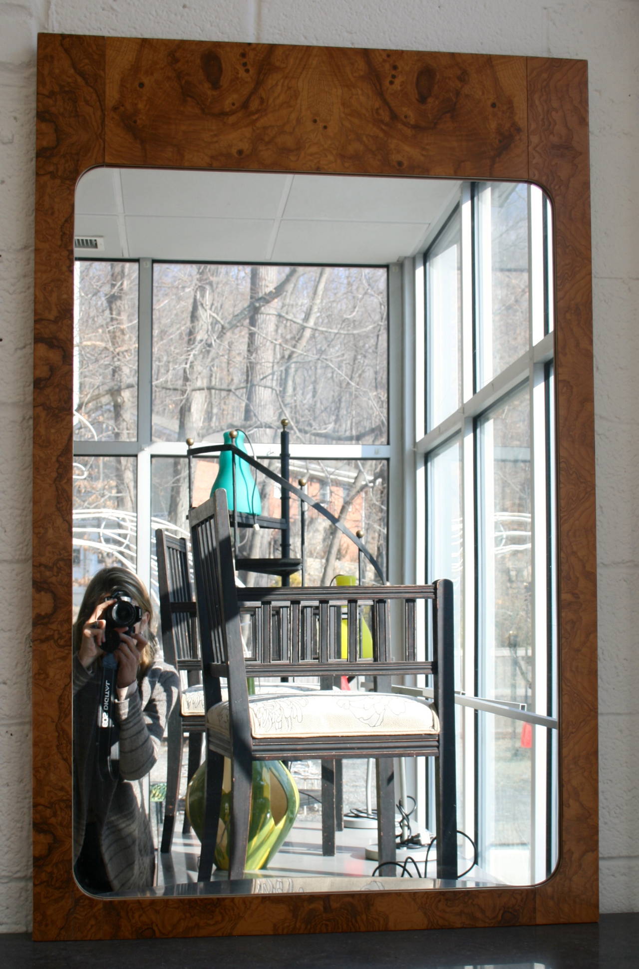Milo Baughman style olive burl wood veneer mirror by Lane.