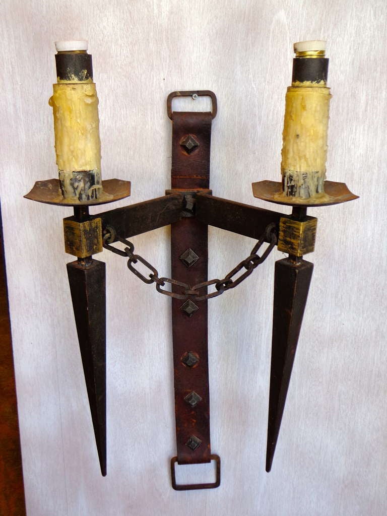 French Pair of Leather and Iron Torchiere Sconces For Sale