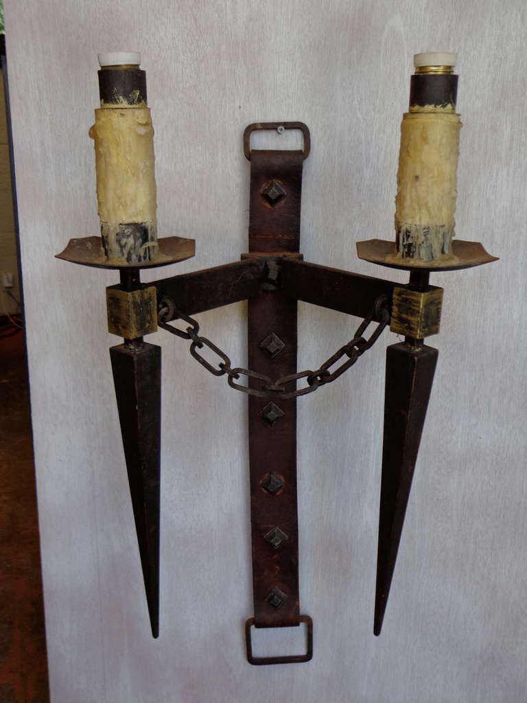 Arts and Crafts Pair of Leather and Iron Torchiere Sconces For Sale