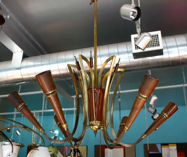 wood and brass chandelier