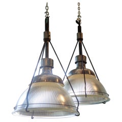 Pair Of Iconic 1920's Large Holophane Glass With Aluminium And Iron Fittings