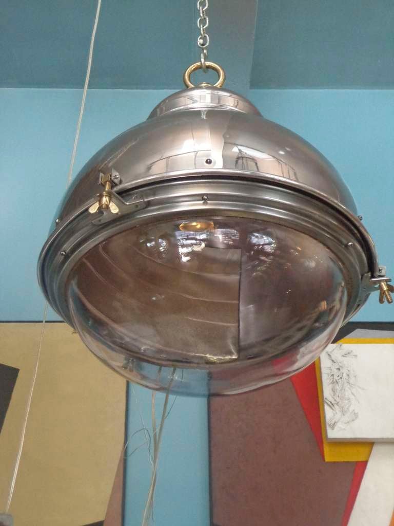 Mid-20th Century Large Polished Aluminium Pendant Light With Original Glass