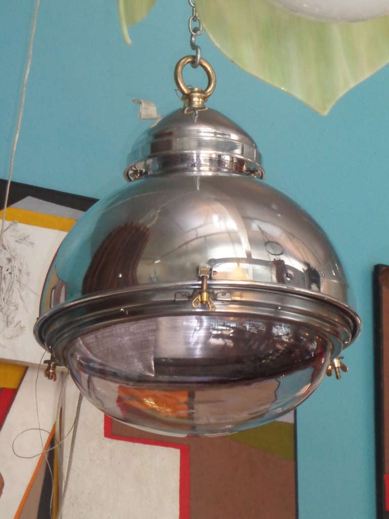 Superb single large pendant light, polished aluminium with brass toggles and hoop, original glass shade. Newly wired for US, single edison socket can accommodate any wattage.