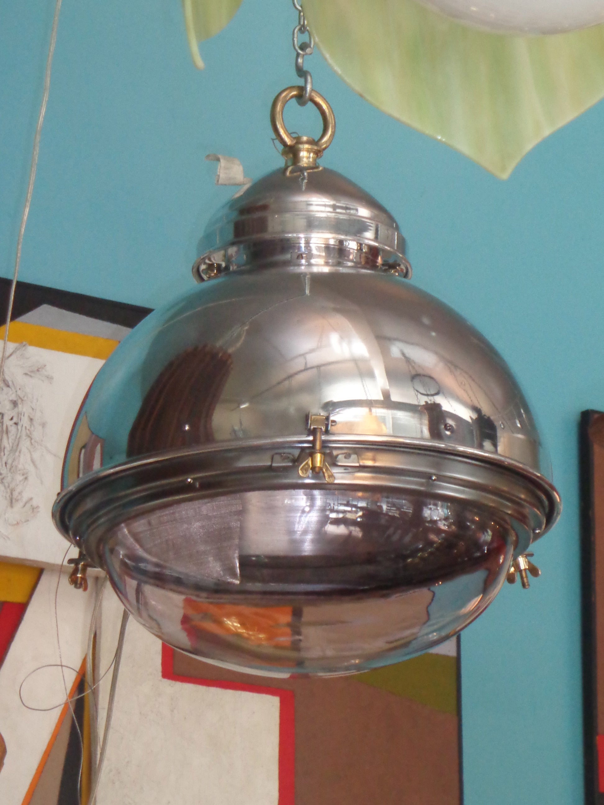 Large Polished Aluminium Pendant Light With Original Glass
