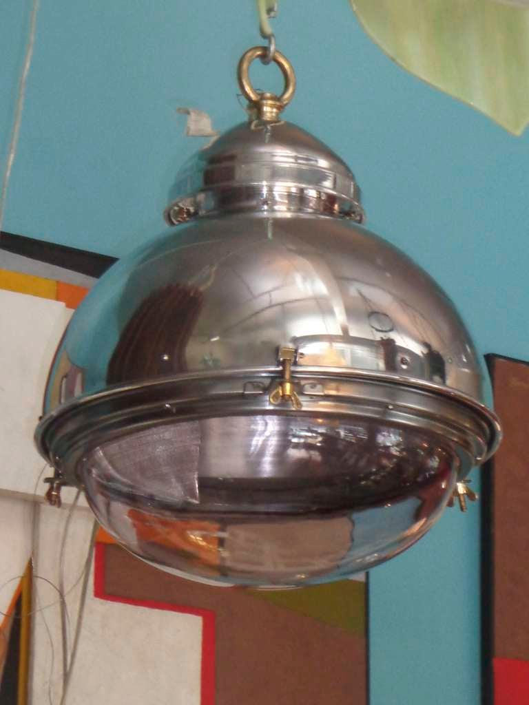 Large Polished Aluminium Pendant Light With Original Glass In Good Condition In Pound Ridge, NY