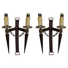 Pair of Leather and Iron Torchiere Sconces 12